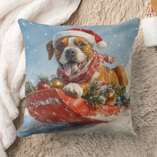 そりに入ったボクサー犬 雪を降らせて クリスマス クッション (ブランケット)