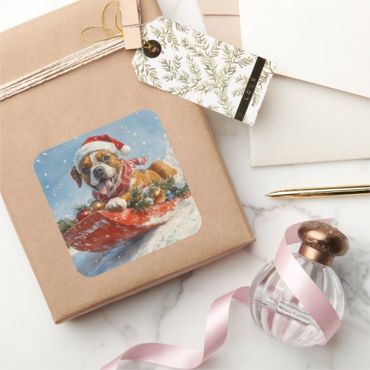 そりに入ったボクサー犬 雪を降らせて クリスマス スクエアシール (ギフト)