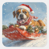 そりに入ったボクサー犬 雪を降らせて クリスマス スクエアシール (正面)