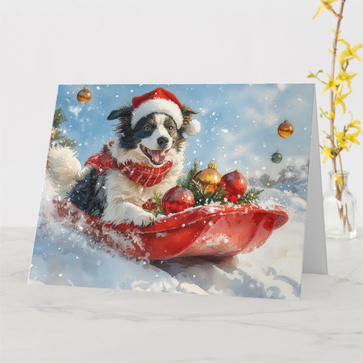 そりに入ったボーダーコリー犬 Let it Snow クリスマス カード (黄色い花)
