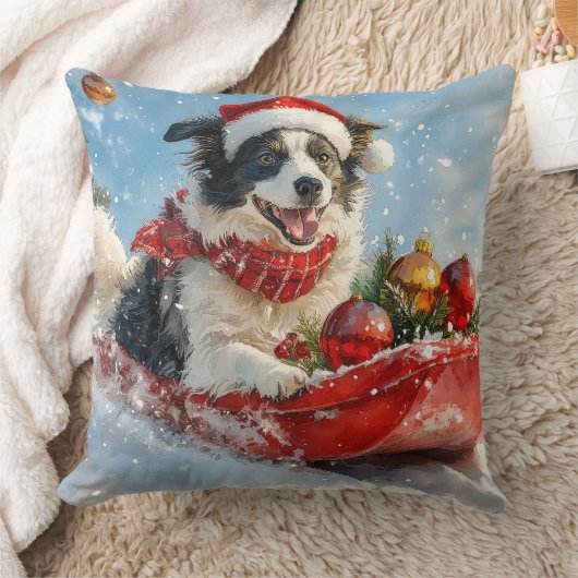 そりに入ったボーダーコリー犬 Let it Snow クリスマス クッション (ブランケット)