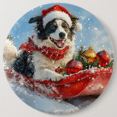 そりに入ったボーダーコリー犬 Let it Snow クリスマス 缶バッジ (正面)