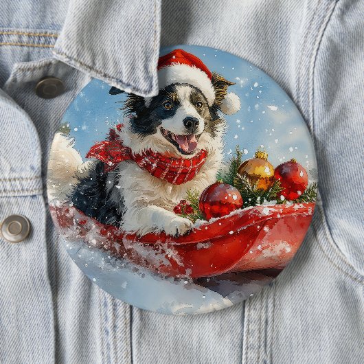 そりに入ったボーダーコリー犬 Let it Snow クリスマス 缶バッジ (インサイチュ)