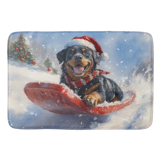 そりに入ったロットワイラー 犬 雪を降らせて クリスマス バスマット (正面)