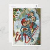 そりに4人の子供、冬、ヴィンテージ休日 ポストカード (正面/裏面)