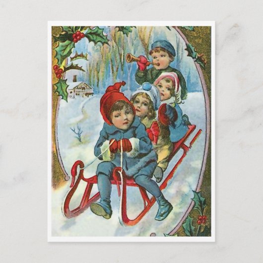 そりに4人の子供、冬、ヴィンテージ休日 ポストカード (正面)