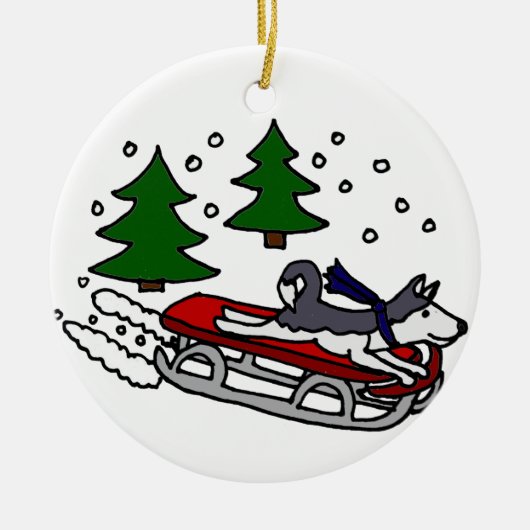 そりのおもしろいなシベリアンハスキー犬の乗馬 セラミックオーナメント (正面)