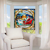 そりのフェイクステンドグラスのサンタクロース待ち ウィンドウサイン