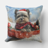 そりの中のアフェンピンシャー犬 雪を降らせて クリスマス クッション (正面)