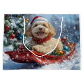 そりの中のコカプー犬 雪を降らせて クリスマス ラージペーパーバッグ (正面)