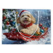 そりの中のコカプー犬 雪を降らせて クリスマス ラージペーパーバッグ (裏面)