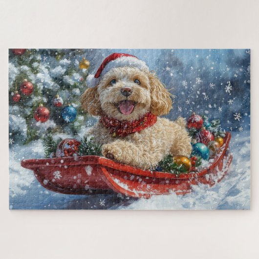 そりの中のコカプー犬 Let it Snow クリスマス ジグソーパズル (横)
