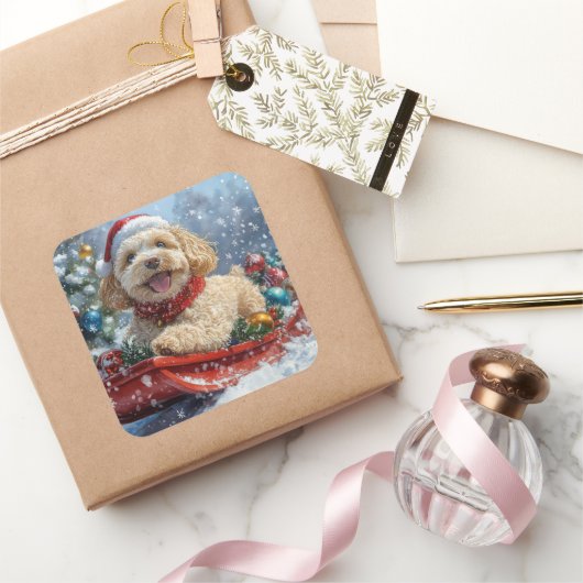 そりの中のコッカプー犬 雪を降らせて クリスマス スクエアシール (ギフト)