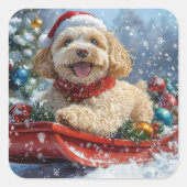 そりの中のコッカプー犬 雪を降らせて クリスマス スクエアシール (正面)