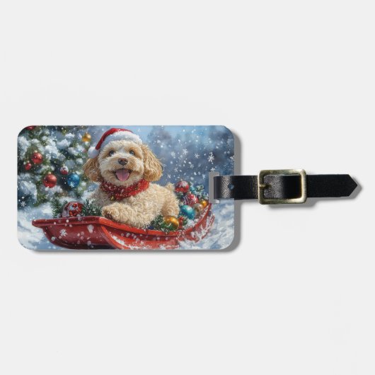 そりの中のコッカプー犬 雪を降らせて クリスマス ラゲッジタグ (正面横)