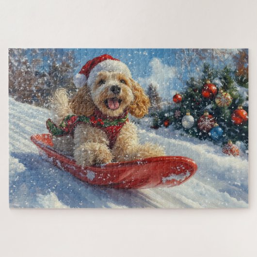 そりの中のコッカー・スパニエル犬 雪を降らせて クリスマス ジグソーパズル (横)