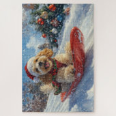そりの中のコッカー・スパニエル犬 雪を降らせて クリスマス ジグソーパズル (縦)