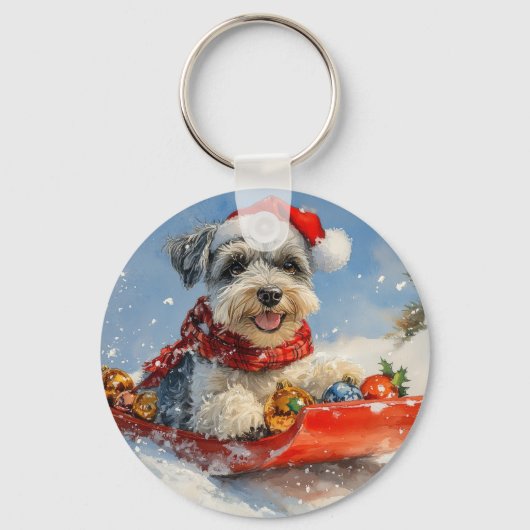 そりの中のシュナウザー犬 雪を降らせて クリスマス キーホルダー (正面)