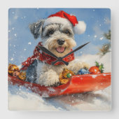 そりの中のシュナウザー犬 雪を降らせて クリスマス スクエア壁時計 (正面)