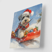 そりの中のシュナウザー犬 雪を降らせて クリスマス スクエア壁時計 (傾斜)