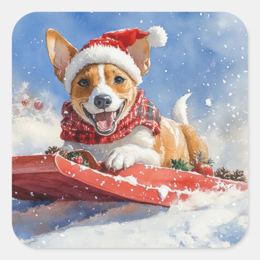 そりの中のバスエンジ犬 Let it Snow クリスマス スクエアシール (正面)