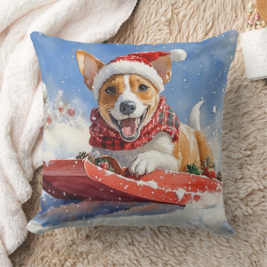 そりの中のバセンジー犬 Let it Snow クリスマス クッション (ブランケット)