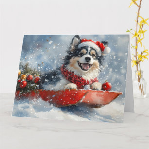 そりの中のフィンランド・ラップフント犬 Let it Snow クリスマス カード