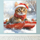 そりの中のベンガル猫 雪を降らせて クリスマス キャンバスプリント (インサイチュ (ウッドフロア))