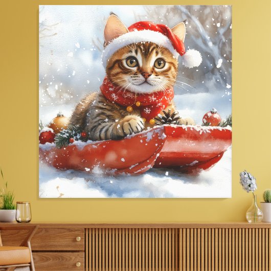 そりの中のベンガル猫 雪を降らせて クリスマス キャンバスプリント (インサイチュ (リビング))