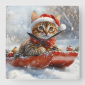 そりの中のベンガル猫 雪を降らせて クリスマス スクエア壁時計 (正面)