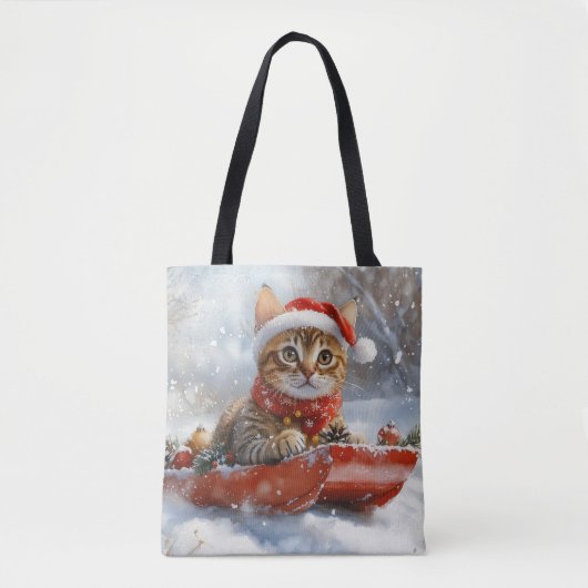 そりの中のベンガル猫 雪を降らせて クリスマス トートバッグ (正面)