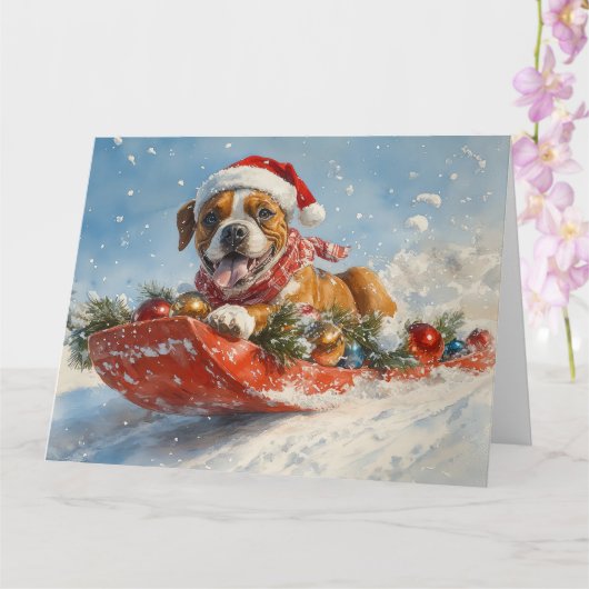 そりの中のボクサー犬 雪を降らせて クリスマス カード (蘭)