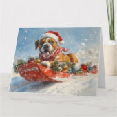 そりの中のボクサー犬 雪を降らせて クリスマス カード (正面)