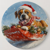そりの中のボクサー犬 雪を降らせて クリスマス 缶バッジ (正面)