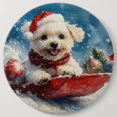 そりの中のマルチーズ犬 Let it Snow クリスマス 缶バッジ (正面)