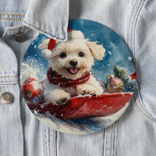 そりの中のマルチーズ犬 Let it Snow クリスマス 缶バッジ (インサイチュ)