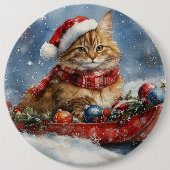 そりの中のメインクーンの猫 雪を降らせて クリスマス 缶バッジ (正面)