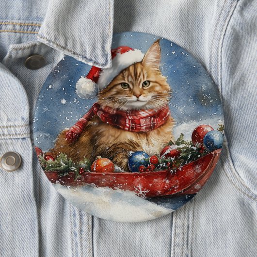そりの中のメインクーンの猫 雪を降らせて クリスマス 缶バッジ (インサイチュ)