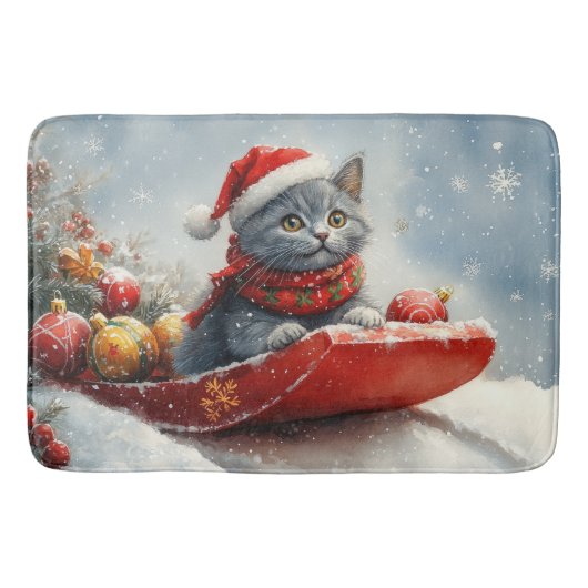 そりの中のロシアンブルーの猫 Let it Snow クリスマス バスマット (正面)