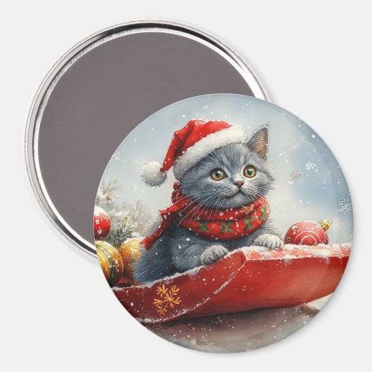 そりの中のロシアンブルーの猫 Let it Snow クリスマス マグネット (正面/裏面)