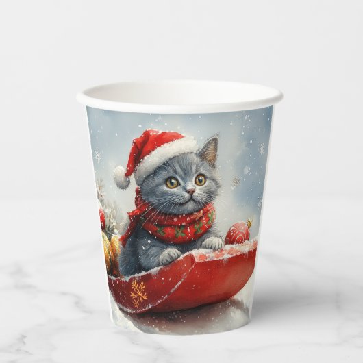 そりの中のロシアンブルーの猫 Let it Snow クリスマス 紙コップ (正面)