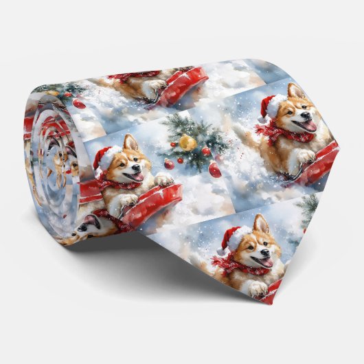 そりの中の秋田犬 雪を降らせて クリスマス ネクタイ (ロール)