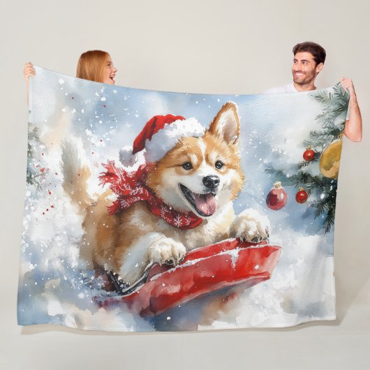 そりの中の秋田犬 雪を降らせて クリスマス フリースブランケット (インサイチュ)
