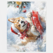 そりの中の秋田犬 雪を降らせて クリスマス フリースブランケット (正面)