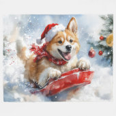 そりの中の秋田犬 雪を降らせて クリスマス フリースブランケット (正面(横))