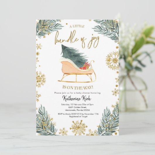 そりの赤ちゃんシャワー喜びの小さなバンドル 招待状 (スタンド正面)