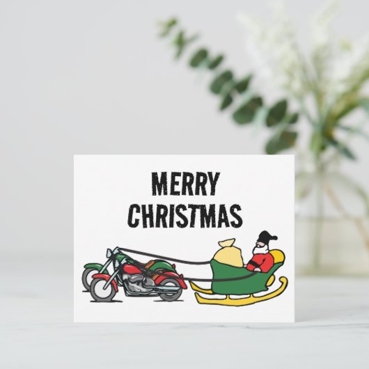 そりを引おもしろいくバイクのクリスマス ポストカード (スタンド正面)