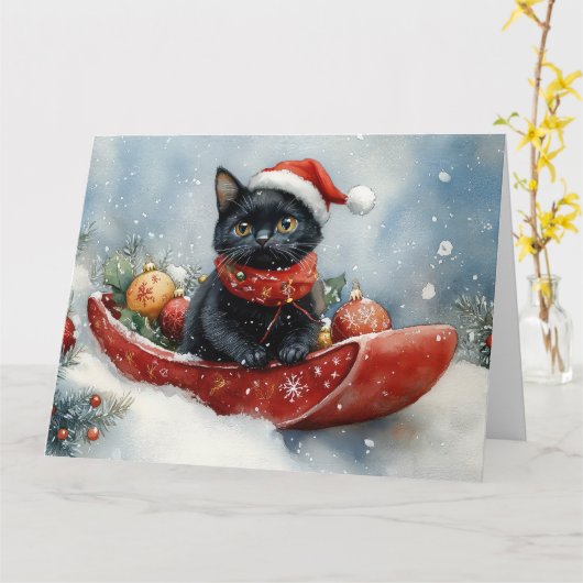 そりを引く黒猫 雪を降らせて クリスマス カード (黄色い花)