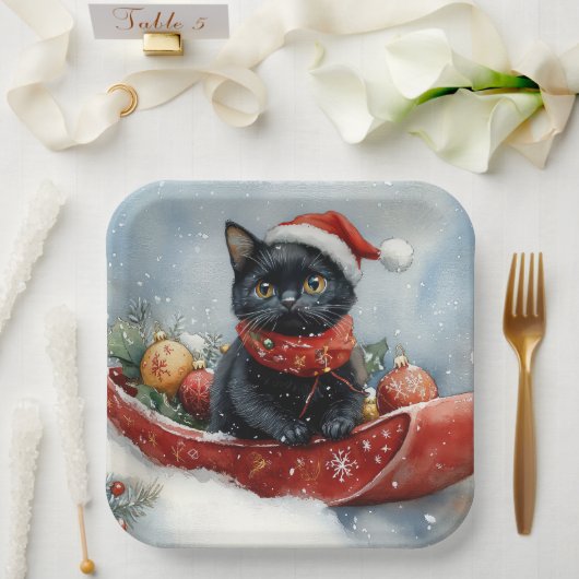 そりを引く黒猫 雪を降らせて クリスマス ペーパープレート (ウェディング)