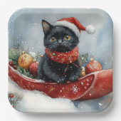そりを引く黒猫 雪を降らせて クリスマス ペーパープレート (正面)